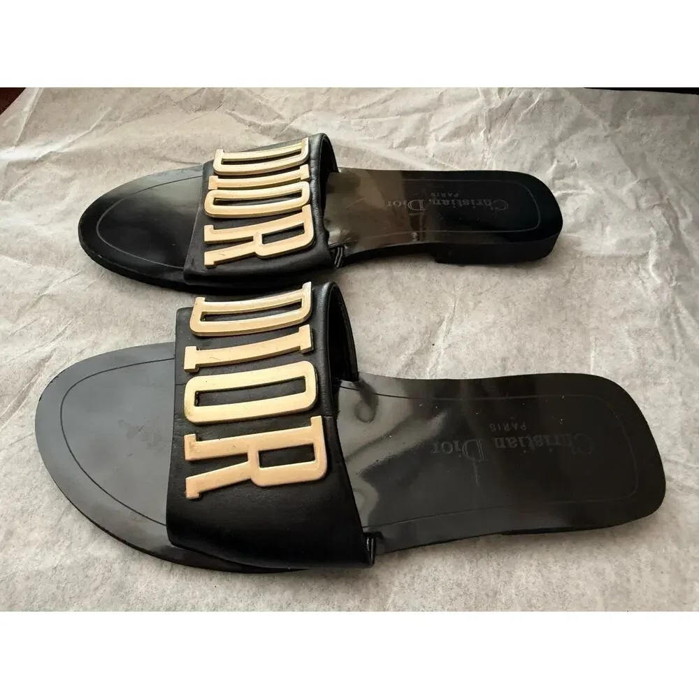 Christian Dior Black & Gold DIOR Logo Leather Slide Sandals Size 39 US 8